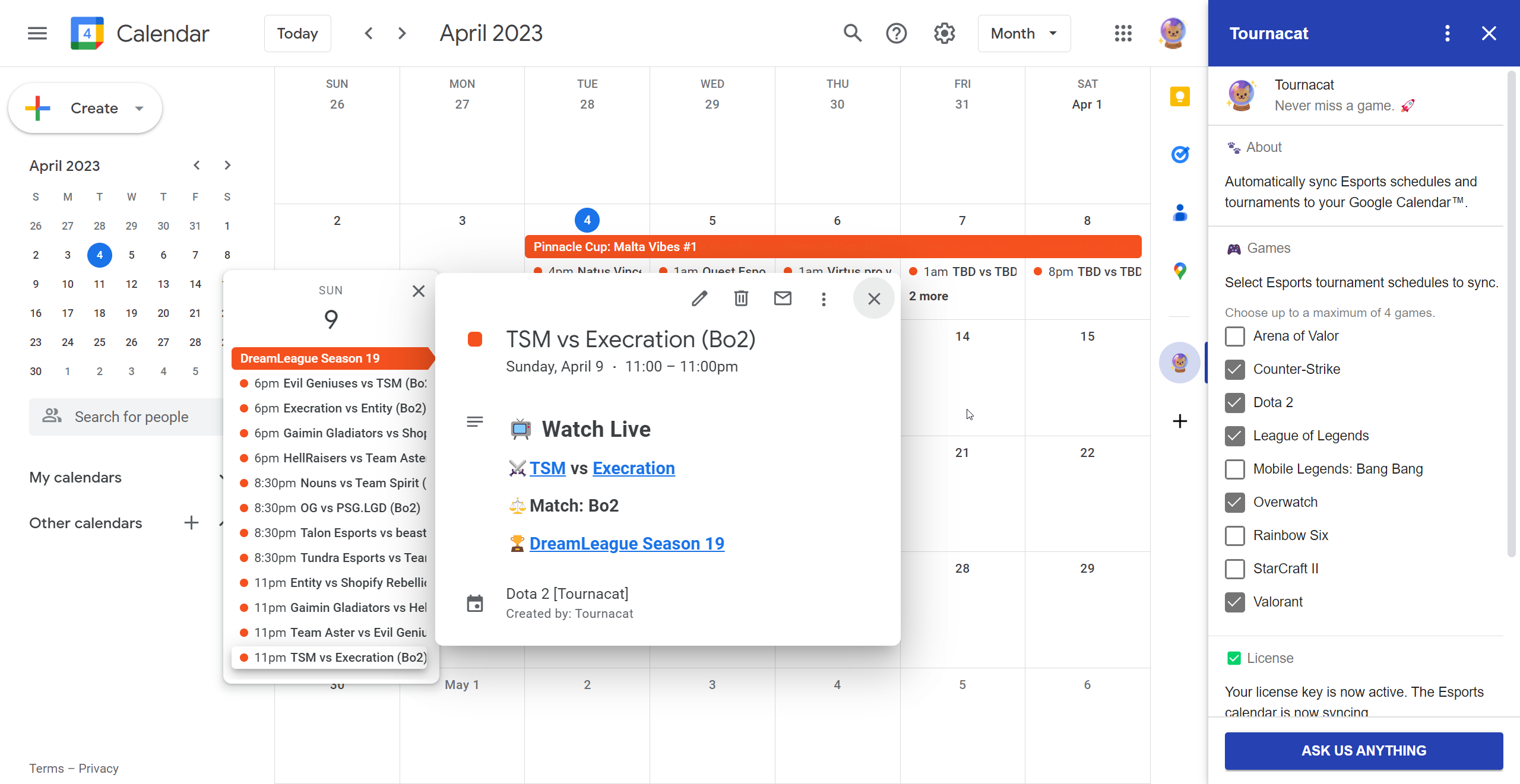 Dota 2 Esports Schedule in Google Calendar