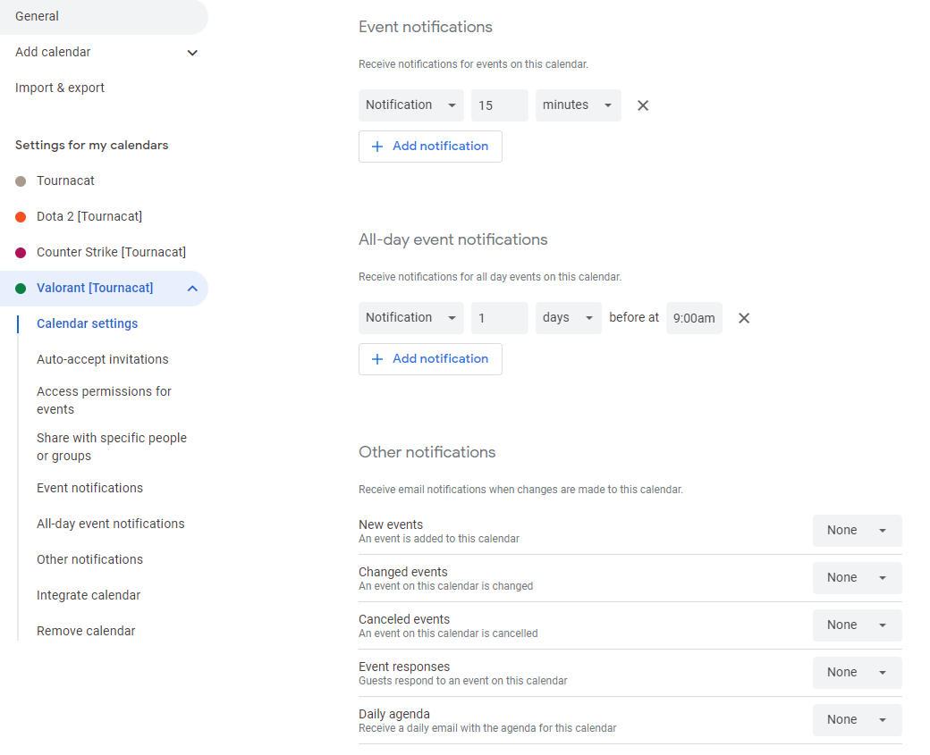 Customizing event notifications in Google Calendar settings