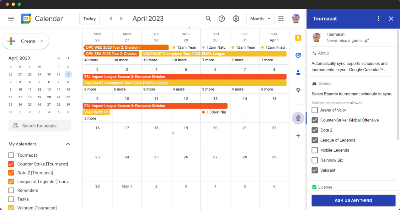 Upcoming Esports schedules in Google Calendar